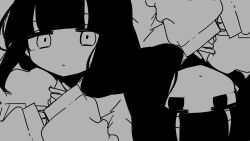 2girls black_eyes blunt_bangs closed_mouth empty_eyes expressionless from_above grey_background greyscale haru_no_sekibaku_(vocaloid) highres hood hoodie inabakumori long_hair looking_at_viewer milestone_celebration mixed-language_commentary monochrome multiple_girls no_nose nukunuku_nigirimeshi osage_(nukunuku_nigirimeshi) symmetry