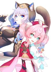 Rule 34 | 2girls, animal ear fluff, animal ears, animal hood, aqua bow, aqua bowtie, aqua eyes, aqua hair, black gloves, black hood, bow, bowtie, breasts, cat ears, cat girl, cat hood, cat tail, cipher (honkai: star rail), cleavage, dress, drill hair, fingerless gloves, gloves, grey hair, hat, highres, honkai: star rail, honkai (series), hood, hyacine (honkai: star rail), little ica (honkai: star rail), looking at viewer, medium breasts, multicolored hair, multiple girls, pink hair, puyopuyo 10, red dress, red hat, short hair with long locks, simple background, tail, twin drills, twintails, two-tone hair, white background, yellow nails