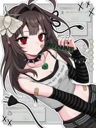1girl animal animal_on_head bandaid bandaid_on_arm bandaid_on_cheek bandaid_on_face bandaid_on_hand bare_shoulders belt black_arm_warmers black_nails black_shirt border breasts brown_hair bug cable cable_tail choker cleavage closed_mouth collarbone cropped_shirt electric_plug electric_plug_tail error_message grey_shirt hair_intakes hand_up hashtag-only_commentary highres holding insect layered_shirt long_hair looking_at_viewer mechanical_tail medium_breasts midriff mole mole_under_eye moth nail_polish on_head original outline outside_border ram_(computer) red_eyes shirt sleeveless sleeveless_shirt solo spaghetti_strap spiked_choker spikes striped_arm_warmers studded_belt tail upper_body vickie_(cryingrobot) vickie_(cryingrobot)_(character) white_border white_outline window_(computing)