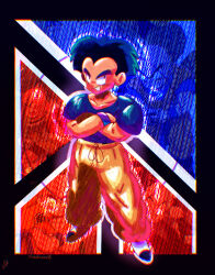 1boy aura black_eyes black_hair crossed_arms dragon_ball happy highres kuririn looking_at_viewer muscular muscular_male official_art smile smug solo toriyama_akira