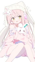 +_+ 1girl :d absurdres animal_hat beanie blush borrowed_character commentary_request commission feet_out_of_frame hat highres holding holding_stuffed_toy long_hair long_sleeves looking_at_viewer open_mouth original pink_hair pink_sweater rabbit_hat shirt simple_background single_bare_shoulder sitting skeb_commission smile solo stuffed_animal stuffed_rabbit stuffed_toy sweater urotsuki_(ku9625) white_background white_hat white_shirt yellow_eyes