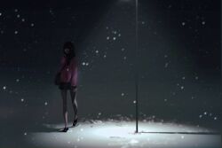 Rule 34 | 1girl, 23i2ko, absurdres, bag, black hair, black shoes, black skirt, dim lighting, footprints, full body, highres, lamppost, original, pink sweater, shaded face, shadow, shoes, shoulder bag, skirt, snow, solo, spotlight, sweater, walking