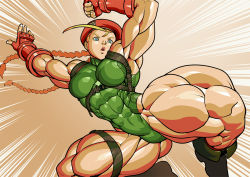 1girl abs ahoge alternate_body_size antenna_hair armpits battle beret blonde_hair blue_eyes boots breasts cammy_white capcom extreme_muscles female_focus fingerless_gloves gloves gradient_background harness hat holster incoming_attack jumping leotard long_hair muscular open_mouth pokkuti skin_tight solo street_fighter street_fighter_v striped_background thick_thighs thigh_holster thighs thong_leotard twintails very_long_hair