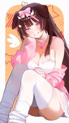 1girl absurdres ahoge animal_ears bare_shoulders breasts brown_hair camisole choppy_bangs cleavage collar commission detached_wings dog_ears hair_ornament hair_ribbon head_on_hand heart heart_ahoge heart_collar highres indie_virtual_youtuber knees_up large_breasts leg_warmers light_blush long_hair ms._tsu off_shoulder outside_border panties pink_eyes pink_ribbon pink_sweater ribbon second-party_source see-through_clothes see-through_skirt shiba_kore sitting skirt smile solo spaghetti_strap star-shaped_pupils star_(symbol) sweater symbol-shaped_pupils teeth thighhighs underwear upskirt very_long_hair virtual_youtuber white_camisole white_collar white_leg_warmers white_panties white_thighhighs wing_hair_ornament wings