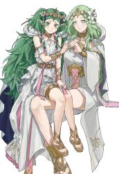 2girls braid breasts dress female_focus fire_emblem fire_emblem:_three_houses fire_emblem_heroes flower green_eyes green_hair hair_flower hair_ornament half-heart_hands heart heart_hands_failure highres jewelry long_hair matching_hair/eyes moshi_mo mother_and_daughter multiple_girls nintendo official_alternate_costume open_mouth pointy_ears rhea_(aura_of_love)_(fire_emblem) rhea_(fire_emblem) sandals sothis_(aura_of_love)_(fire_emblem) sothis_(fire_emblem) thumbs_up toes twin_braids two_side_up very_long_hair white_background white_dress