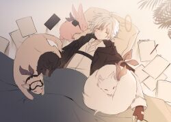1boy adnachiel_(arknights) animalization ansel_(arknights) arknights armband black_jacket blanket brown_gloves cardigan_(arknights) cat closed_eyes collared_shirt commentary dog fingerless_gloves fox gloves goggles goggles_on_head halo highres indoors jacket male_focus melantha_(arknights) paper pencil pillow pushu rabbit shirt simple_background sleeping steward_(arknights) symbol-only_commentary tilted_halo traditional_halo twitter_username white_background white_hair white_shirt