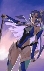 1girl blue_eyes blue_hair breasts cowboy_shot curtained_hair gloves headset highres kazanari_tsubasa leotard long_hair one_side_up parted_bangs planted planted_sword planted_weapon senki_zesshou_symphogear small_breasts sword type-moongundam weapon