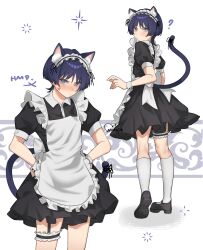 1boy ? absurdres alternate_costume anger_vein animal_ear_fluff animal_ears apron aqua_pupils black_ribbon black_shoes black_sleeves blunt_ends cat_ears cat_tail closed_mouth collar crossdressing enmaided eyeliner eyeshadow frilled_apron frilled_hairband frilled_thigh_strap frills from_behind genshin_impact hairband hands_on_own_hips highres juliet_sleeves kneehighs long_sleeves looking_at_viewer looking_back maid maid_day makeup male_focus male_maid mary_janes multiple_views nesaki puffy_sleeves purple_eyes purple_hair red_eyeliner red_eyeshadow ribbon scaramouche_(genshin_impact) shoes socks solo tail tail_ornament tail_ribbon thigh_strap tsurime v-shaped_eyebrows white_apron white_background white_collar white_hairband white_socks white_wrist_cuffs wispy_bangs wrist_cuffs
