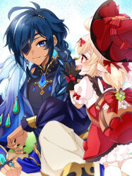 1boy 1girl ahoge black_gloves black_nails blonde_hair blue_eyes blue_hair bow dark-skinned_male dark_skin dress earrings eyepatch genshin_impact gloves hair_between_eyes hair_bow jacket jewelry kaeya_(genshin_impact) kaeya_(sailwind_shadow)_(genshin_impact) klee_(blossoming_starlight)_(genshin_impact) klee_(genshin_impact) looking_at_another multiple_hair_bows open_mouth pointy_ears red_bow red_dress red_eyes red_hair sa_kura_maru shirt short_sleeves smile teeth upper_teeth_only