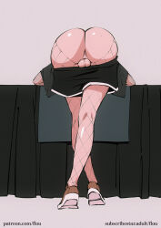 Rule 34 | 1boy, artist name, ass, clothes pull, commentary, english commentary, fishnets, flou-sona (flou), flou (flou art), from behind, highres, original, short sleeves, shorts, shorts pull, solo, testicles, tiptoes, watermark, web address