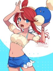 Rule 34 | 1girl, :d, blue background, blue eyes, blue shorts, crop top, gen 2 pokemon, highres, jumpluff, lower teeth only, navel, nintendo, nisanrei121, official alternate costume, open mouth, pokemon, pokemon (creature), pokemon masters ex, red hair, short hair with long locks, short shorts, shorts, sidelocks, skyla (pokemon), skyla (summer 2025) (pokemon), smile, teeth, two-tone background, white background
