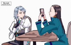 2girls ace_attorney ace_attorney_investigations ace_attorney_investigations:_miles_edgeworth ascot black_dress black_gloves black_hair blue_coat blush bow bowtie calisto_yew cellphone coat desk dress earrings franziska_von_karma gloves grey_hair holding holding_phone jewelry long_hair multiple_girls on_chair pantyhose pencil_dress phone pink_lips puffy_sleeves rat_nkmi short_hair simple_background sitting smartphone v white_ascot white_background white_bow white_bowtie