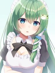 Rule 34 | 1girl, alternate costume, apron, black bow, blue eyes, bow, breasts, cleavage, collared shirt, dot nose, facing viewer, frilled hair tubes, frills, frog hair ornament, green hair, hair ornament, hair tubes, kochiya sanae, large breasts, light blush, long hair, looking at viewer, maid, maid apron, maid headdress, open mouth, plesiosio, shirt, short sleeves, simple background, single hair tube, single sidelock, snake hair ornament, solo, touhou, upper body, wide sleeves
