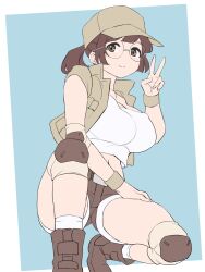 1girl baseball_cap belt blue_background blush boots border breasts brown_boots brown_eyes brown_hair brown_shoes cleavage crop_top cropped_vest elbow_pads female_focus fio_germi glasses hat highres knee_pads kneeling large_breasts matching_hair/eyes metal_slug midriff navel ponytail round_eyewear shirt shoes short_shorts shorts sidelocks simple_background smile snk solo squatting tank_top themanyoukilled thick_thighs thighs two-tone_background v vest white_shirt wristband