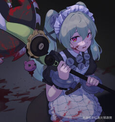 1girl absurdres apron black_dress blood blood_on_clothes blood_on_face bloody_weapon charm_(object) chinese_commentary circular_saw commentary_request corin_wickes cuffs dress green_hair hair_between_eyes highres holding holding_weapon hongyouhuohuojitui long_hair looking_at_viewer maid maid_apron maid_headdress mihoyo miyoushe_watermark open_mouth puffy_short_sleeves puffy_sleeves purple_eyes saw screw_hair_ornament short_sleeves solo twintails watermark weapon white_apron zenless_zone_zero