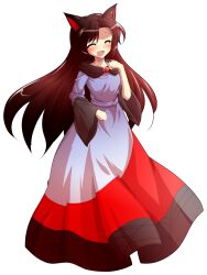 1girl alphes_(style) animal_ears brooch brown_hair commentary_request dairi dress fingernails full_body highres imaizumi_kagerou jewelry long_fingernails long_hair long_sleeves open_mouth parody red_eyes smile smug solo style_parody tachi-e touhou transparent_background wide_sleeves wolf_ears