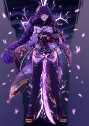 Rule 34 | 1girl, armor, black bridal gauntlets, braid, breasts, bridal gauntlets, bug, butterfly, cleavage, closed mouth, coattails, commentary, commission, electricity, english commentary, enise, falling petals, floral print, flower, full body, genshin impact, geta, hair ornament, highres, holding, holding sword, holding weapon, insect, japanese clothes, katana, kimono, large breasts, lightning, long hair, long sleeves, looking at viewer, mitsudomoe (shape), mole, mole under eye, musou isshin (genshin impact), obi, obiage, obijime, petals, pink butterfly, purple eyes, purple flower, purple hair, purple kimono, purple nails, raiden shogun, red sash, ribbon, sandals, sash, shoulder armor, solo, standing, sword, tassel, thighhighs, tomoe (symbol), weapon, wide sleeves