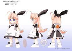 1girl 2017 ahoge apron arms_at_sides artist_name back_bow black_bow black_bowtie black_dress bow bowtie character_name reference_sheet closed_mouth clothes_writing commentary_request dated dress expressionless footwear_bow full_body gloves gradient_background headgear hoihoi-san ichigeki_sacchuu!!_hoihoi-san long_hair multiple_views official_art pink_hair pointy_ears puffy_short_sleeves puffy_sleeves purple_background purple_eyes second-party_source short_sleeves sidelocks tanaka_kunihiko turnaround two-tone_background white_apron white_background white_bow white_footwear white_gloves
