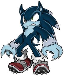1boy animal_ears blue_skin claws cleats colored_skin commentary fangs furry furry_male green_eyes highres male_focus official_style parody rb_(sparkleee-sprinkle) solo sonic_(series) sonic_the_hedgehog sonic_the_werehog sonic_unleashed style_parody tail transparent_background werehog
