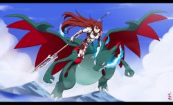 armor bug charizard cordelia_(fire_emblem) fire_emblem fire_emblem_awakening fly gen_1_pokemon insect lance long_hair mega_charizard_x mega_pokemon nintendo pokemon pokemon_(creature) polearm red_eyes red_hair sky super_smash_bros. tagme weapon