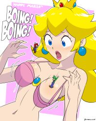 Rule 34 | 1girl, 2boys, bikini, blonde hair, blue eyes, blue gemstone, blue overalls, blush, bouncing breasts, breasts, brooch, brothers, brown hair, brown shoes, closed eyes, collarbone, crown, dangerking11, denim overalls, earrings, facial hair, gem, giant, giantess, gloves, green hat, green shirt, hat, jewelry, jumping, large breasts, long hair, long sleeves, luigi, mario, mario (series), mario day, multiple boys, mustache, navel, nintendo, open mouth, overalls, pink background, pink bikini, pink lips, princess, princess peach, red hat, red shirt, shirt, shoes, short hair, siblings, smile, standing, surprised, sweat, swimsuit, twins, upper body, white gloves