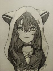 Rule 34 | 1girl, animal ears, animal hood, artist name, blush, brooch, cat ears, cat hood, choker, closed mouth, collarbone, cropped torso, crossed bangs, fake animal ears, greyscale, hair between eyes, hashtag-only commentary, highres, hololive, hood, hood up, hooded jacket, hoshimachi suisei, hoshimachi suisei (school uniform), jacket, jewelry, long hair, looking at viewer, monochrome, nessue, official alternate costume, official alternate hair length, official alternate hairstyle, photo (medium), ringed eyes, sailor collar, simple background, smile, solo, star brooch, straight-on, traditional media, virtual youtuber, white background