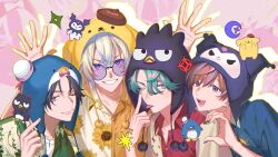 +_+ 4boys :d ;p absurdres arms_up badtz-maru beanie black_hair black_hat black_nails blue_eyes blue_hair blue_hat blue_nails blue_shirt brown_hair by_the_beat character_hat chromatic_aberration closed_mouth collared_shirt commentary crescent crescent_earrings curtained_hair ear_piercing earrings eyelid_pull finger_heart fingernails floral_print freodore_(nijisanji) gradient_hair green_hair green_shirt grin hair_between_eyes hand_up hat heart heart_hands highres jewelry kaelix_debonair kaohom503 kuromi looking_at_viewer male_focus medium_hair mole mole_under_mouth multicolored_hair multicolored_shirt multiple_boys nail_polish necklace nijisanji nijisanji_en one_eye_closed onegai_my_melody open_mouth parted_bangs piercing pink_background pink_hair pom_pom_(clothes) pompompurin print_shirt purple-tinted_eyewear purple_eyes red_shirt round_eyewear sanrio seible_(nijisanji) shirt short_hair smile streaked_hair sunglasses symbol-only_commentary teeth tinted_eyewear tongue tongue_out tuxedo_sam two-tone_shirt upper_body v-shaped_eyebrows virtual_youtuber white_hair white_shirt yellow_hat yellow_shirt zeal_ginjoka