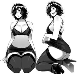 Rule 34 | aneurysm ax, black hair, black skirt, bra, breasts, chainsaw man, clothes lift, eyepatch, greyscale, high heels, highres, himeno (chainsaw man), lace, lace-trimmed bra, lace trim, lingerie, looking at viewer, monochrome, seiza, sideboob, sitting, skirt, skirt lift, thighhighs, underwear