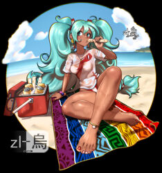 1girl anklet aqua_eyes aqua_hair arm_support artist_logo artist_name barefoot beach beach_towel blue_sky blush bracelet breasts can cloud commentary cooler crossed_legs dark-skinned_female dark_skin dated day drink_can earrings eating english_commentary feet full_body hair_between_eyes hair_ornament hatsune_miku jewelry knee_up legs logo long_hair looking_at_viewer medium_breasts nail_polish necklace ocean outdoors red_nails shirt signature sitting sky solo thighs toenail_polish toenails toes towel twintails very_long_hair vocaloid wet wet_clothes wet_shirt zl-crow_red