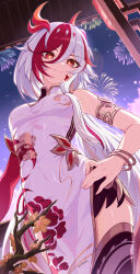 Rule 34 | 1girl, absurdres, bare shoulders, breasts, bupa chila, chinese clothes, eyeliner, fireworks, from below, fu hua, fu hua (garuda), hair between eyes, hand on own hip, highres, honkai (series), honkai impact 3rd, long hair, makeup, medium breasts, multicolored hair, red eyeliner, red eyes, red hair, red scales, solo, streaked hair, symbol-shaped pupils, two-tone hair, very long hair, white hair, yellow pupils