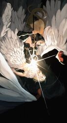 2girls bare_shoulders black_dress black_sleeves blonde_hair breasts centauroid chimera claws clenched_teeth closed_eyes commentary detached_hood detached_sleeves dress dungeon_meshi ear_covers elf english_commentary falin_touden falin_touden_(chimera) falling feathered_wings feathers fur_trim highres holding holding_staff hood long_hair long_sleeves maie_(masayaso) marcille_donato marcille_donato_(lord) monster_girl multiple_girls pointy_ears short_hair staff taur teeth very_long_hair wings