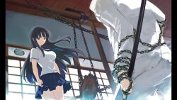 1boy 1girl absurdres black_hair blue_eyes blue_necktie blue_skirt breasts brother_and_sister chain chained game_cg hanzou_academy_school_uniform highres holding holding_weapon ikaruga_(senran_kagura) indoors large_breasts long_hair murasame_(senran_kagura) necktie non-web_source official_art pants pillarboxed school_uniform senran_kagura senran_kagura_shoujo-tachi_no_shin&#039;ei shirt shouji siblings skirt sliding_doors standing weapon white_pants white_shirt yaegashi_nan