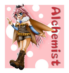Rule 34 | 1girl, 2000s (style), alchemist (ragnarok online), animal, animal on head, belt, black cat, blue eyes, blue sleeves, boots, brown belt, brown boots, brown cape, brown dress, cape, cat, cat on head, character name, commentary request, detached sleeves, dress, full body, fur collar, glasses, index finger raised, long hair, looking at viewer, on head, open mouth, pink background, pink hair, ragnarok online, red-framed eyewear, short dress, smile, solo, strapless, strapless dress, tomiya airu