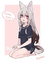 1girl :d akasha_(syakoba) animal_ears barefoot beckoning black_hair black_shirt black_shorts bright_pupils dolphin_shorts english_text fang full_body grey_hair jewelry lap_pillow_invitation long_hair looking_at_viewer multicolored_hair open_mouth original red_eyes ring seiza shako_(syakoba3) shirt short_sleeves shorts sitting skin_fang smile tail two-tone_hair white_pupils wolf_ears wolf_girl wolf_tail