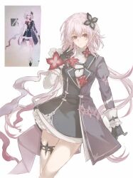 1girl absurdres alternate_design black_coat black_dress black_gloves breasts chinese_commentary closed_mouth coat commentary_request dress flower flower_ornament gloves hair_flower hair_ornament half-jacket highres honkai:_star_rail honkai_(series) long_hair long_sleeves march_7th_(honkai:_star_rail) medium_breasts photo_inset pink_hair red_eyes short_dress thigh_strap very_long_hair yuansuiyi