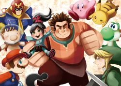 1girl 4boys black_hair blonde_hair blue_eyes brown_eyes brown_hair captain_falcon clenched_hands creatures_(company) crossover f-zero facial_hair frown game_freak gen_1_pokemon green_eyes hat helmet kirby kirby_(series) link mario mario_(series) mr._game_&amp;_watch multiple_boys multiple_crossover mustache nintendo olimar open_mouth overalls pikachu pikmin_(series) pleated_skirt pokemon pokemon_(creature) ponytail robotoco scarf skirt super_smash_bros. sword the_legend_of_zelda vanellope_von_schweetz weapon wreck-it_ralph wreck-it_ralph_(character) yellow_scarf yoshi