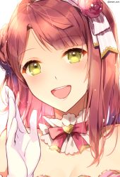 1girl :d bad_id bad_pixiv_id bow breasts brown_hair choker cleavage flower gloves green_eyes grey_bow hair_bow hair_flower hair_ornament long_hair looking_at_viewer love_live! love_live!_nijigasaki_high_school_idol_club neck_ribbon open_mouth pink_ribbon portrait red_flower ribbon small_breasts smile solo striped_bow trianon twitter_username uehara_ayumu white_background white_choker white_gloves