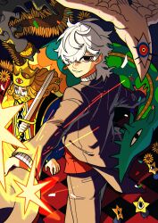 1boy 1girl absurdres black_coat black_eyes coat cowboy_shot creature hair_over_one_eye hat highres holding holding_unworn_clothes holding_unworn_hat king looking_at_viewer momomo_906 original short_hair smile solo unworn_hat unworn_headwear white_hair