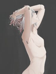 1girl absurdres arms_up cecilia_immergreen doll doll_joints grey_background grey_hair hand_in_own_hair highres hololive hololive_english joints looking_up marii_(mmmmmarii_) no_nipples nude parted_lips red_hair robot_girl short_hair simple_background solo virtual_youtuber
