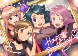 4girls aqua_eyes black_choker black_dress blue_dress blue_eyes brown_eyes brown_hair choker cloak crown dolustoy dress green_hair happy_birthday heart highres inazuma_eleven_(series) inazuma_eleven_ares_no_tenbin looking_at_viewer multiple_girls one_eye_closed ootani_tsukushi orange_hair picture_frame purple_crown purple_eyes purple_hair red_cloak shiratoya_nae smile umihara_norika