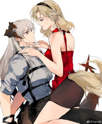 Rule 34 | 2girls, arknights, black hairband, black pants, black shorts, blonde hair, blue eyes, bound, bound wrists, chest harness, chinese commentary, closed mouth, collarbone, commentary request, dragon horns, dragon tail, earrings, grey hair, grey shirt, hairband, harness, highres, horns, jewelry, kristen (arknights), long hair, multiple girls, pants, parted lips, red eyes, red shirt, saria (arknights), shirt, shorts, simple background, smile, straddling, tail, watermark, weibo watermark, white background, yarniiii1, yuri