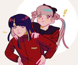 ! ... black_bow black_headband bow brother_and_sister closed_mouth hair_between_eyes headband highres long_sleeves pink_eyes pink_hair purple_hair siblings simple_background smile the_hundred_line_-last_defense_academy- tsukumo_ima tsukumo_kako twins twintails upper_body white_background