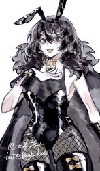 1girl :d alternate_costume animal_ears black_cape black_eyes black_hair black_leotard black_thighhighs bngb_love bow cape covered_navel fake_animal_ears fishnet_pantyhose fishnets fur-trimmed_cape fur_trim gold_choker highres leotard library_of_ruina looking_at_viewer medium_hair open_mouth pantyhose playboy_bunny project_moon rabbit_ears simple_background smile solo standing strapless strapless_leotard thighhighs upper_body white_background wrist_cuffs yellow_bow zena_(project_moon)