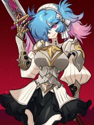 Rule 34 | 1girl, :3, armor, blue hair, breasts, fire emblem, fire emblem fates, gloves, gradient hair, hair over one eye, highres, holding, holding polearm, holding weapon, large breasts, looking at viewer, medium hair, missandydandy, multicolored hair, nintendo, peri (fire emblem), pink hair, polearm, red eyes, smile, solo, twintails, two-tone hair, weapon
