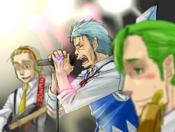 Rule 34 | 3boys, bangs pinned back, beard, blonde hair, blue hair, blue vest, cirno, closed eyes, collared shirt, commentary request, daiyousei, electric guitar, facial hair, genderswap, genderswap (ftm), grey background, guitar, hairband, holding, holding microphone, instrument, microphone, microphone stand, multiple boys, necktie, one eye closed, open mouth, pointy ears, red eyes, red hairband, rumia, shirt, short bangs, short hair, simotukiryuusi, solo focus, touhou, upper body, vest, white shirt, yellow necktie