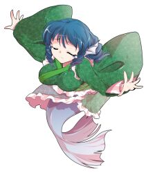 1girl alphes_(style) bent_over blue_hair breasts closed_mouth commentary_request crying dairi drill_hair fins frilled_kimono frills full_body green_kimono hair_between_eyes head_fins japanese_clothes kimono large_variant_set long_sleeves medium_breasts mermaid monster_girl outstretched_arms parody short_hair solo style_parody tears touhou transparent_background variant_set wakasagihime wide_sleeves