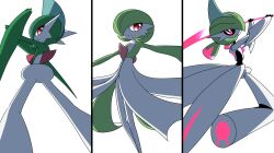 1boy 1girl 1other absurdres arm_blade arms_up backlighting black_sclera black_skin blue_hair bob_cut colored_sclera colored_skin double_blade flat_chest from_behind gallade gardevoir gen_3_pokemon gen_4_pokemon green_hair green_skin hair_over_one_eye happy highres higunjun holding holding_weapon humanoid_robot iron_valiant joints leg_up legs legs_together looking_afar looking_at_viewer looking_back looking_to_the_side medium_hair mohawk multicolored_hair multicolored_skin nintendo one_eye_covered open_mouth outstretched_arms pink_eyes pink_hair pokemon pokemon_(creature) red_eyes robot robot_joints short_hair sideways_mouth simple_background smile spread_arms standing standing_on_one_leg twintails two-handed two-tone_hair two-tone_skin weapon white_background white_skin