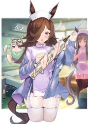 3girls animal_ears bed black_hair blue_eyes blurry blurry_background blush breasts chibi chrono_genesis_(umamusume) commentary_request grey_hair hair_ornament hair_over_one_eye hat highres holding holding_syringe horse_ears horse_girl jumping multiple_girls nurse nurse_cap oguri_cap_(umamusume) open_mouth purple_eyes rice_shower_(umamusume) small_breasts smile smug syringe thighhighs umamusume window yama_(czjfgto2eil3uzy)