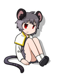 1girl animal_ear_fluff animal_ears blush capelet commentary_request cookie_(touhou) dress expressionless full_body grey_dress grey_hair grey_shoes highres kakusou kofji_(cookie) long_sleeves looking_at_viewer mouse_ears mouse_girl mouse_tail nazrin open_mouth red_eyes shadow shirt shoes short_hair simple_background sitting socks solo tail touhou white_background white_capelet white_shirt white_socks