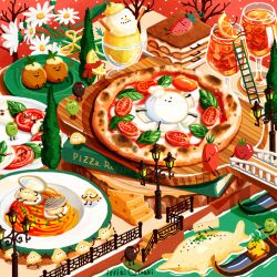 artist_name bird cheese cup drinking_glass flower food food_focus fruit issiki_toaki ladder lamppost lemon lemon_slice margherita_pizza no_humans orange_(fruit) original pizza pizza_slice plate railing red_background stairs tree white_flower